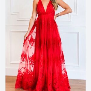 Southern Fried Chics Red Lace Maxi Dress